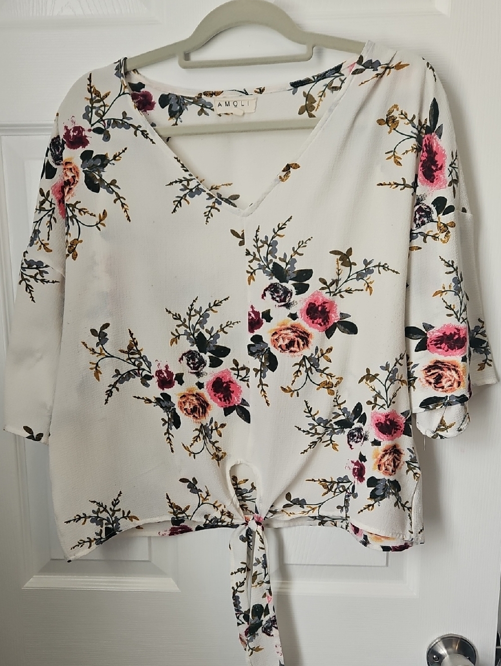 Amour V-Neck Tie-Front Floral Blouse — White with Pink Rose Print